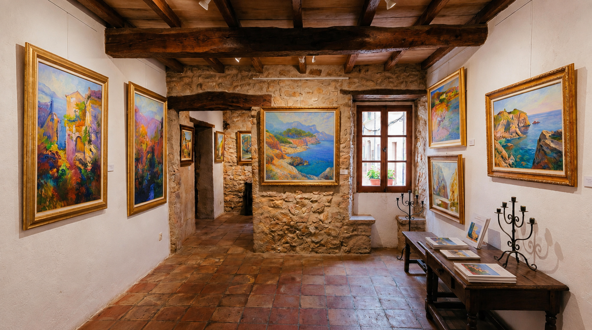 Sala de la Galería Jaime Gost en Llucmajor con cuadros de paisajes de Mallorca