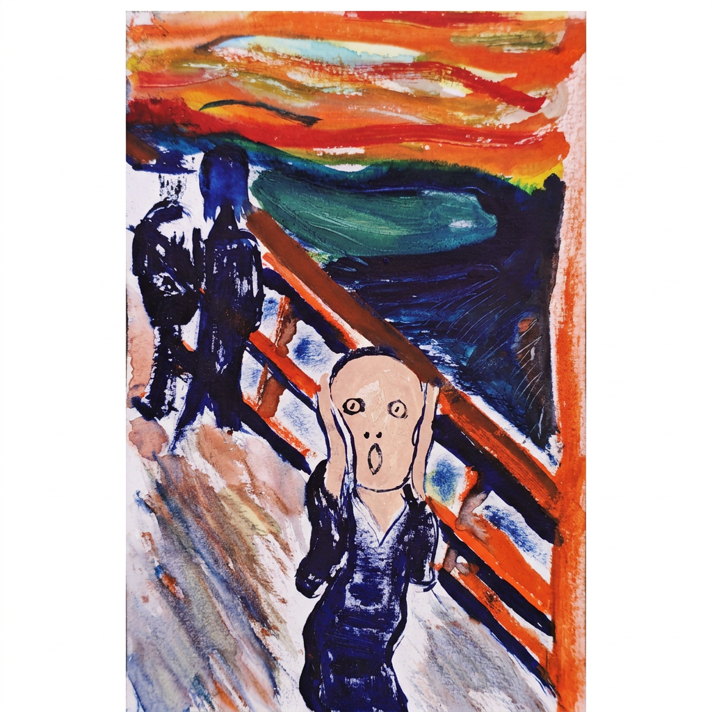 El Grito — acuarela original de Jaime Gost, homenaje a Munch, vista frontal
