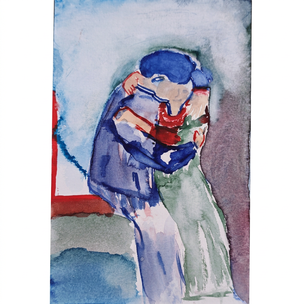 El Beso — acuarela original de Jaime Gost, homenaje a Munch, vista frontal